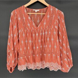 American Eagle Women's Eyelet Peasant Blouse XS Burnt Orange Boho Top Bohemian